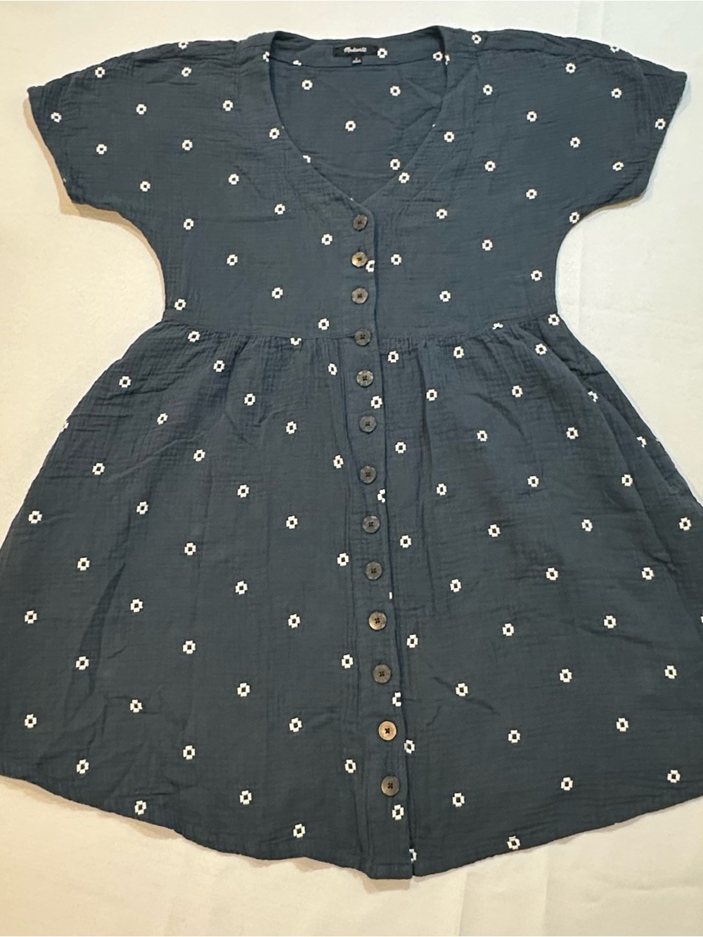 Madewell Cotton Gauze Fit & Flare Button Front Dress Pockets Blue S